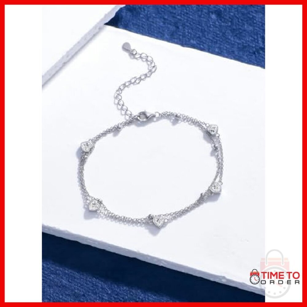 Sterling Silver Double Strand Heart Anklet with Birthstone Charm - Picture 3 of 8